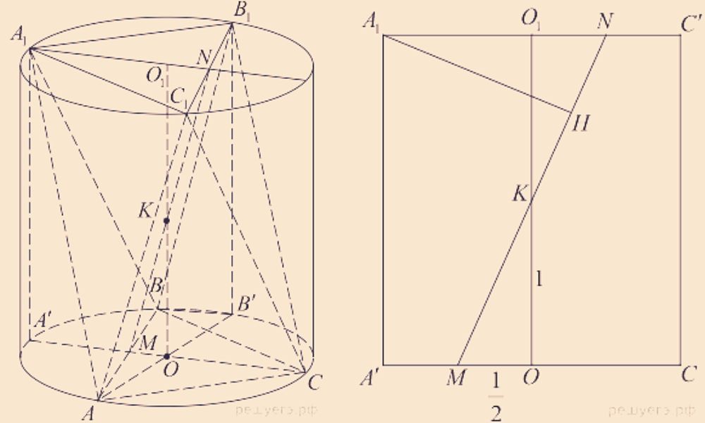 В окружность нижнего основания цилиндра с высотой 2 вписан правильный треугольник АВС со стороной √3